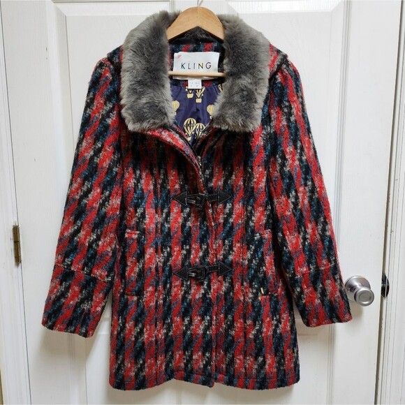 Kling Coat Womens M Wool Blend Plaid Faux Fur Collar Hooded Zip Toggle LIned - Picture 1 of 15